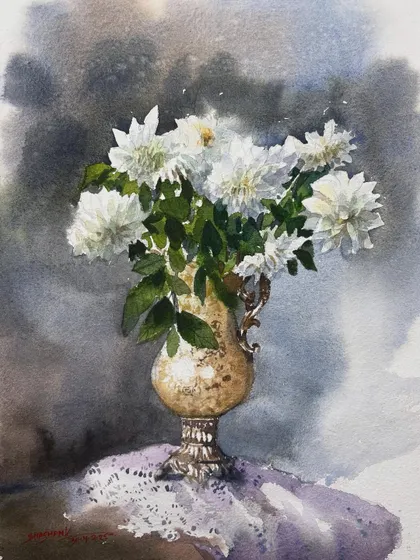 A beautiful watercolor painting of white flowers in a vase, a demonstration from my online floral painting class.