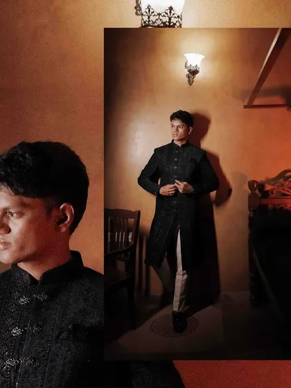 A collage of the groom in a dark sherwani, with warm, dramatic lighting.