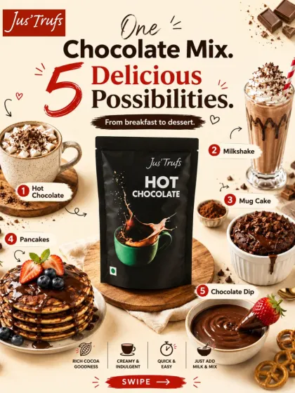 Our Hot Chocolate Mix guide shows five uses: hot chocolate, milkshake, mug cake, pancakes and chocolate dip.