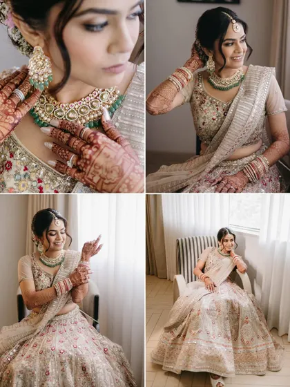 A collage of a bride getting ready, showing close-ups of her intricate jewelry and henna, as well as her full lehenga and happy poses.