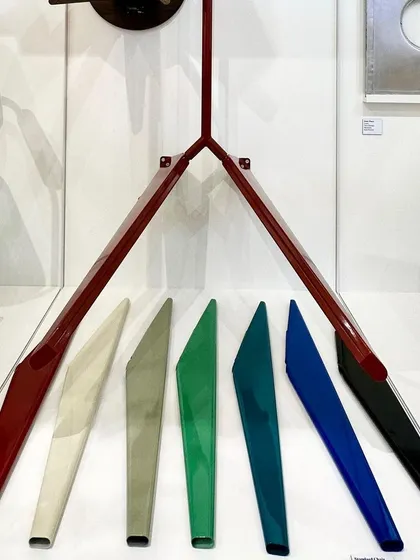 A display of the different color options for Jean Prouvé's furniture components. His pioneering use of color in industrial design showed how functional objects could also be joyful and expressive.