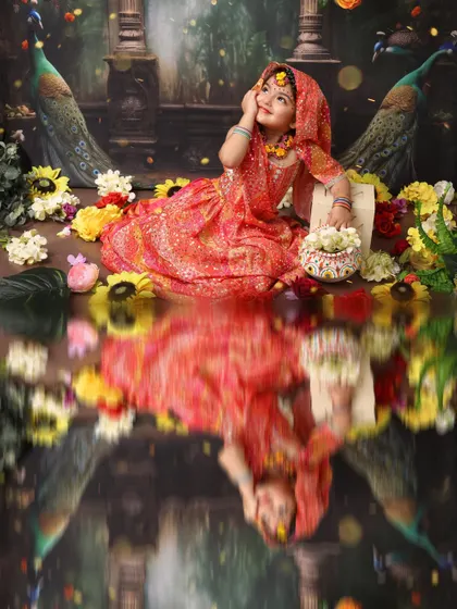 A beautiful portrait of a little girl dressed as Radha, lost in a divine dream. The reflection effect adds a layer of artistry to this image, set against a backdrop of peacocks and flowers.