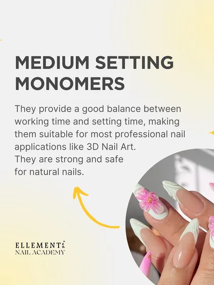 Medium setting monomers provide a good balance between working and setting time, suitable for most professional applications like 3D nail art.