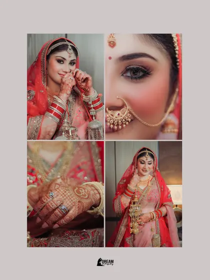 A collage focusing on the details of bride Airika's wedding look, from her makeup to her henna-adorned hands.