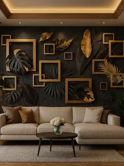 A unique 3D wallpaper design featuring black and gold leaves emerging from empty golden frames on a dark textured wall. A truly artistic and contemporary choice.