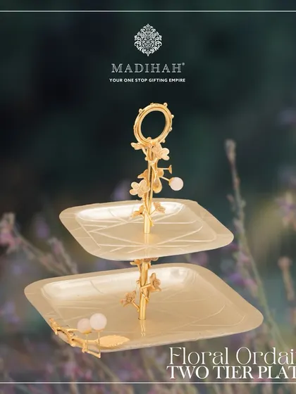 The Floral Ordained Two-Tier Platter from my Silvered Collection. Crafted by skilled artisans, this piece is perfect for elevating any occasion with its sophisticated and graceful design.