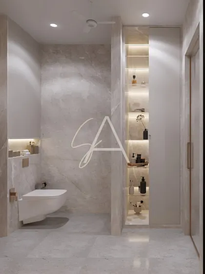 This bathroom design uses large-format marble tiles to create a seamless and luxurious feel. A tall, backlit shelving unit provides ample, beautifully lit storage for toiletries and decor.
