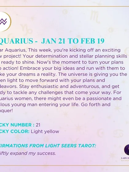 A weekly tarot forecast for Aquarius. This week, you're kicking off an exciting new project. Your determination and stellar planning skills are ready to shine. Now's the moment to turn your plans into action.