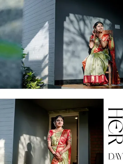 A collage celebrating "Her Day," with beautiful portraits of the bride enjoying the moments before her wedding.