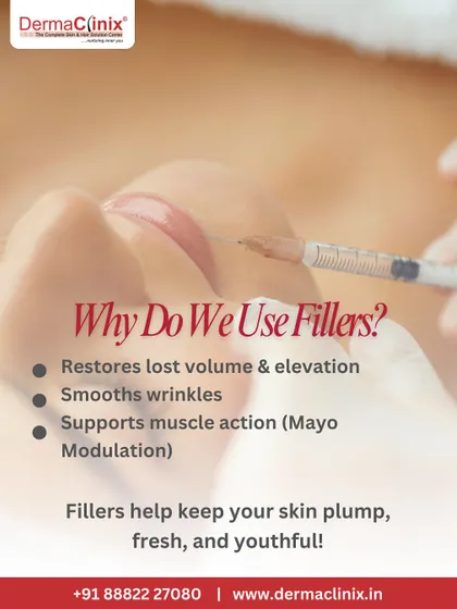 An infographic explaining why we use fillers. They restore lost volume, smooth wrinkles, and support muscle action to keep your skin looking plump, fresh, and youthful.