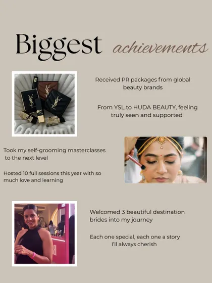 A look back at some of my biggest achievements. From hosting self-grooming masterclasses to being recognized by global brands, my journey is fueled by a passion for empowering women through the art of makeup.