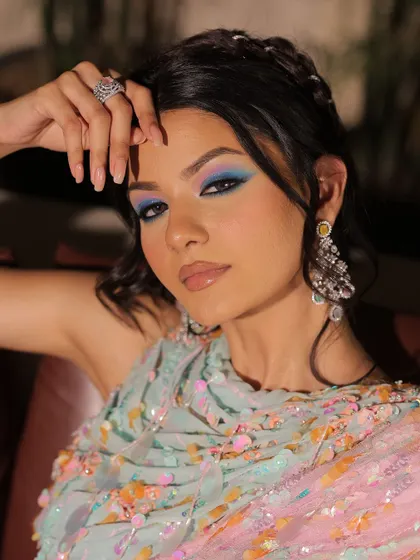 A close-up of the pastel eye makeup. The colours are blended beautifully for a soft, dreamy effect.