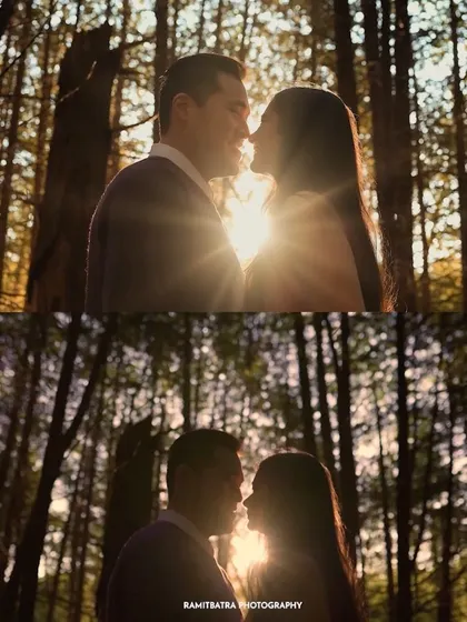 A silhouette of the couple about to kiss, backlit by the sun filtering through a forest in New York.