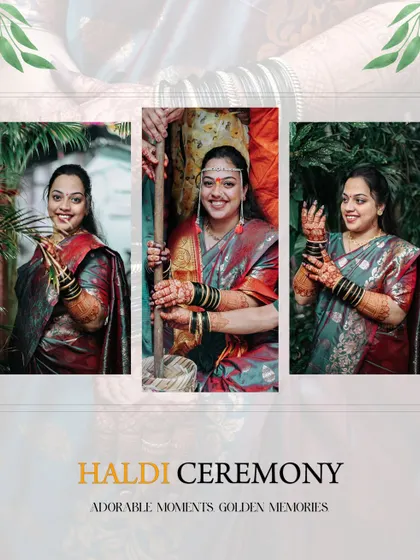 A collage of the bride's Haldi ceremony, capturing her serene and happy moments.