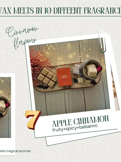 The 'Apple Cinnamon' wax melt is perfect for creating a cozy, festive feeling. The blend of fruity, spicy, and balsamic notes is warm and inviting.