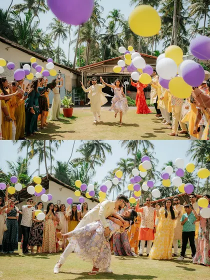 A two-part sequence of the couple's grand entrance and a romantic dance dip, surrounded by guests and colorful balloons.