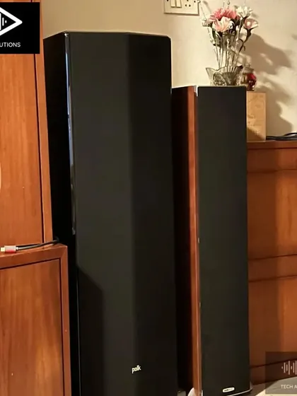 A shot of the impressive Polk Audio Legend L800 floor standing speakers after they were unboxed. These are serious, high performance speakers that form the foundation of an incredible home theater or stereo music system.