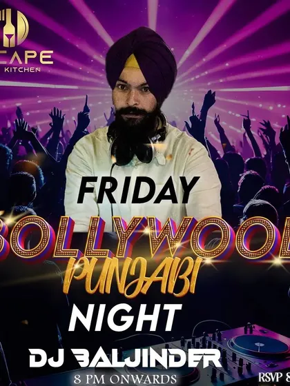 A Friday night poster for Escape Bar, featuring me against a backdrop of a cheering crowd, setting the stage for an epic party.