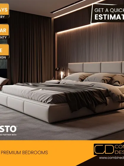 A promotional image for my premium bedroom designs, showcasing a modern, moody room with dark wood paneling and a sleek, low-profile bed. It highlights my offer of a quick estimate and 10-year warranty.