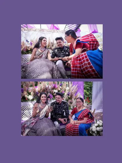 A collage of the couple sharing a happy moment with a family member at their pre-wedding celebration.