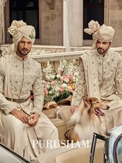 A moment of regal romance from my 'Amore' campaign. Two grooms, dressed in coordinated ivory ensembles, embody timeless elegance against a classic backdrop.