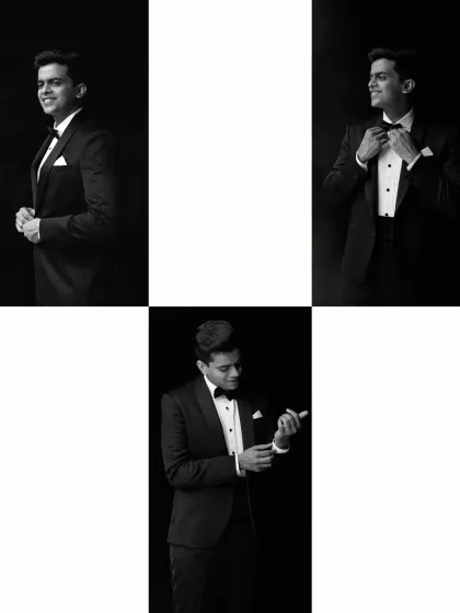 A triptych of a groom in a classic black tuxedo. These black and white portraits capture his confident smile and the sharp details of his attire as he gets ready for the big moment.
