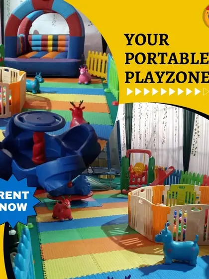 Your portable playzone. This collage shows a mix of indoor and outdoor setups, featuring a blue spinner, a bouncy castle, and a large outdoor area, all available for rent.