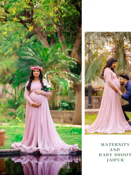 A collage showcasing a couple's outdoor maternity shoot. It features a solo portrait of the mom-to-be by the water and a romantic shot of her partner kissing her baby bump.