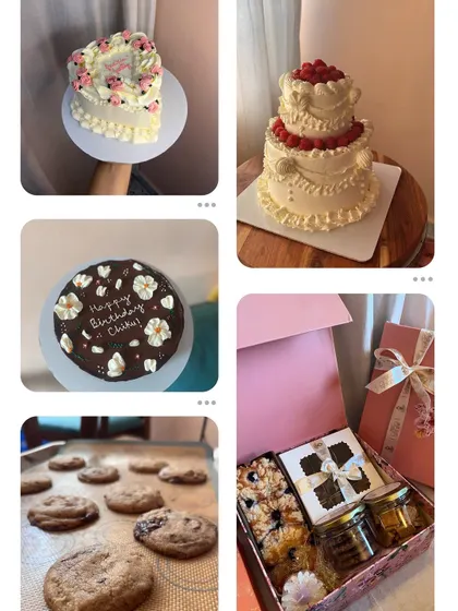 Here are some of the different things I bake, from vintage style heart cakes and tiered cakes to birthday brownies and fresh cookies. You can also see one of my festive gift hampers packed with goodies.
