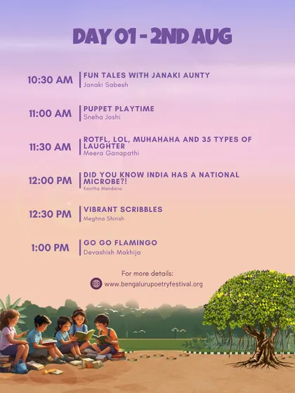 The morning schedule for Day 1 of the Children's Fest, packed with fun tales, puppet playtime, and vibrant scribbles.