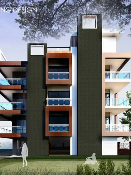 This residential building design showcases a bold, modern aesthetic with contrasting dark panels and cantilevered sections. The design plays with geometric shapes to create a visually interesting structure.