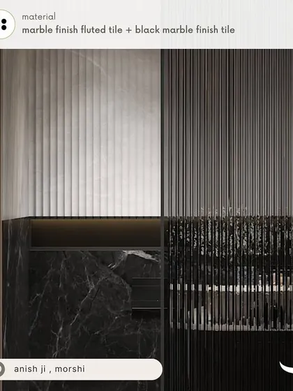 A detail shot of the materials used in Anish's bathroom: a combination of marble-finish fluted tiles and black marble-finish tiles.