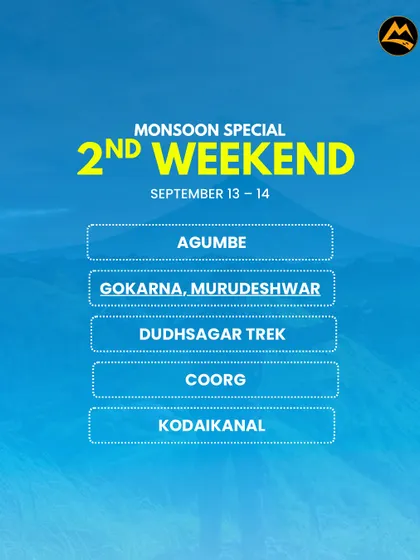 Here's what's planned for the 2nd weekend of September. We're heading to Agumbe, Gokarna, Dudhsagar, Coorg, and Kodaikanal.