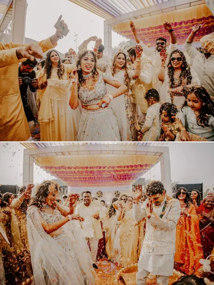 Rahul and Riya's Carnival Haldi was an explosion of joy. This shot captures the couple and their guests dancing under a shower of flower petals, a perfect representation of the high-energy celebration.