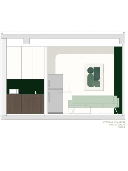 A colored sectional elevation that not only provides technical details but also communicates the proposed color scheme and material palette for a studio apartment's living and kitchen area.