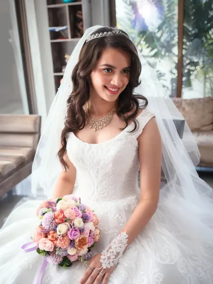 The complete princess look. Crystal is ready for her big day in her beautiful gown, with a classic hairstyle and makeup that enhances her natural beauty.