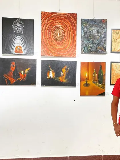 Standing with my displayed works at the Art.o.naut group exhibition.