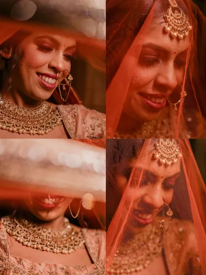 A collage of the bride's portraits under her veil. These shots capture her happy and coy expressions, showcasing her beauty in a traditional yet candid way.