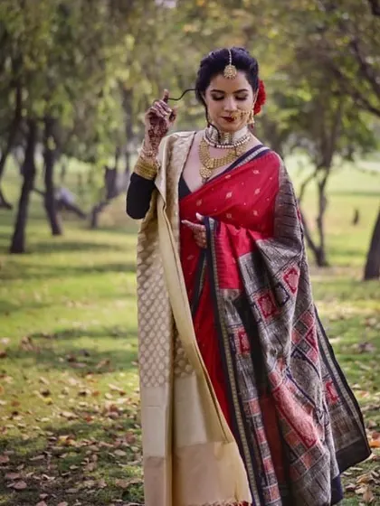 A perfect example of a modern bride who blends tradition with her personal style. The makeup is elegant and understated, letting her natural beauty and unique outfit shine.