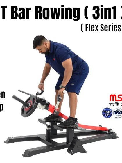 A user demonstrates the open grip T-Bar row, one of the multiple grip options available on this Flex Series machine.