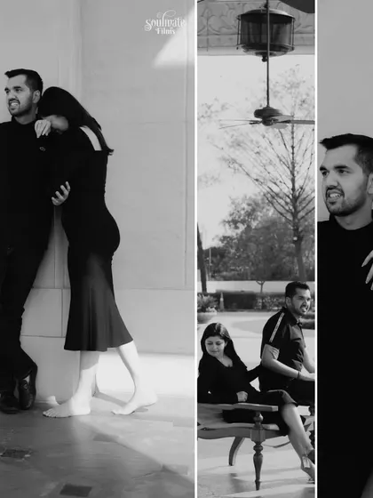 A black and white collage of pre-wedding portraits. The different angles and poses showcase the couple's chemistry and our creative approach to capturing their story.