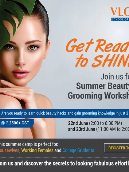 Details for a Summer Beauty & Grooming Workshop, perfect for housewives, working professionals, and college students looking to learn quick beauty hacks.