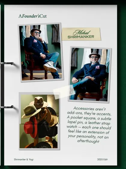 Accessories are not add-ons; they are accents that define your personality. This collage features our founder, Mehul Shrimanker, alongside a collection of our custom hats, illustrating how the right accessory completes a personal statement.