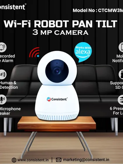Meet our 3MP Wi-Fi Robot Pan-Tilt camera, an intelligent solution for indoor monitoring. It features smart motion detection that tracks movement, two-way audio via a built-in microphone and speaker, and compatibility with Alexa for easy voice control.