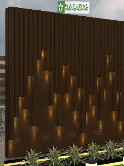 A proposed design for a feature wall in Vasant Vihar. The render showcases a 3D parametric wood panel with integrated lighting, creating a stunning visual effect.
