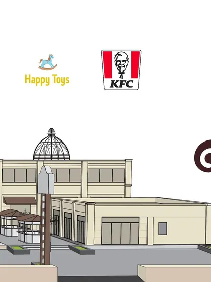 An illustrated view of our building, highlighting our commitment to providing a comprehensive experience with food, shopping, and fun.
