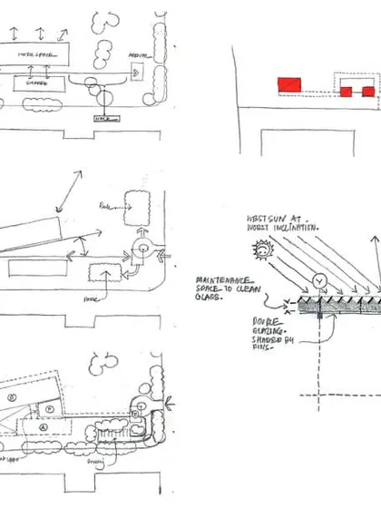 These initial design sketches for the JSW Vasind office show our process of site analysis and climate-responsive planning. The diagrams illustrate our strategies for solar insolation, functional zoning, and creating a pedestrian-friendly campus layout.