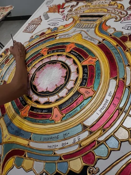 The intricate process of painting the Sanskrit scriptures onto the "Siddha Chakra." This required deep knowledge and a steady hand, and I'm grateful for the collaboration.