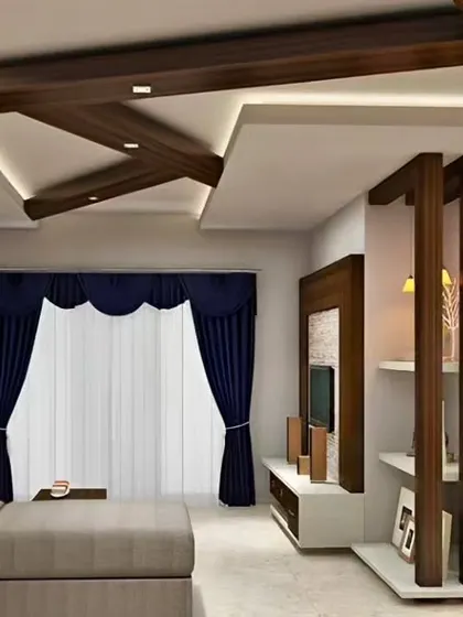In this living room, we used a wooden partition to create a visual separation while maintaining an open feel. The design is complemented by a simple, low-profile TV unit and a striking wooden beam false ceiling design.