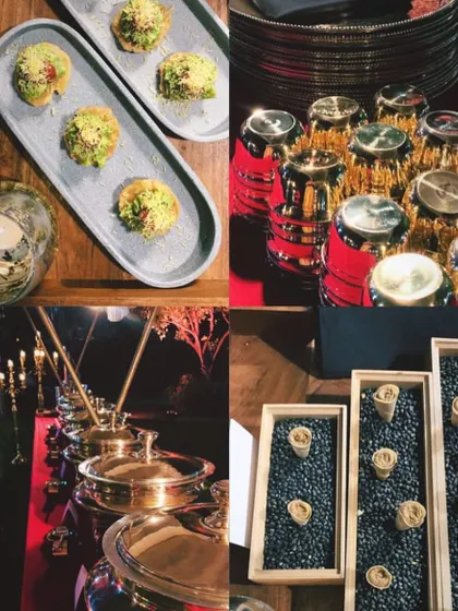 A collage showing the elegant presentation of my festive catering, from appetizers and serving dishes to unique cone presentations.